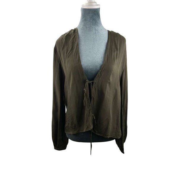 Aritzia Babaton Women's Medium Dark Olive Blouse Long Sleeve With Tie Front - Picture 1 of 13